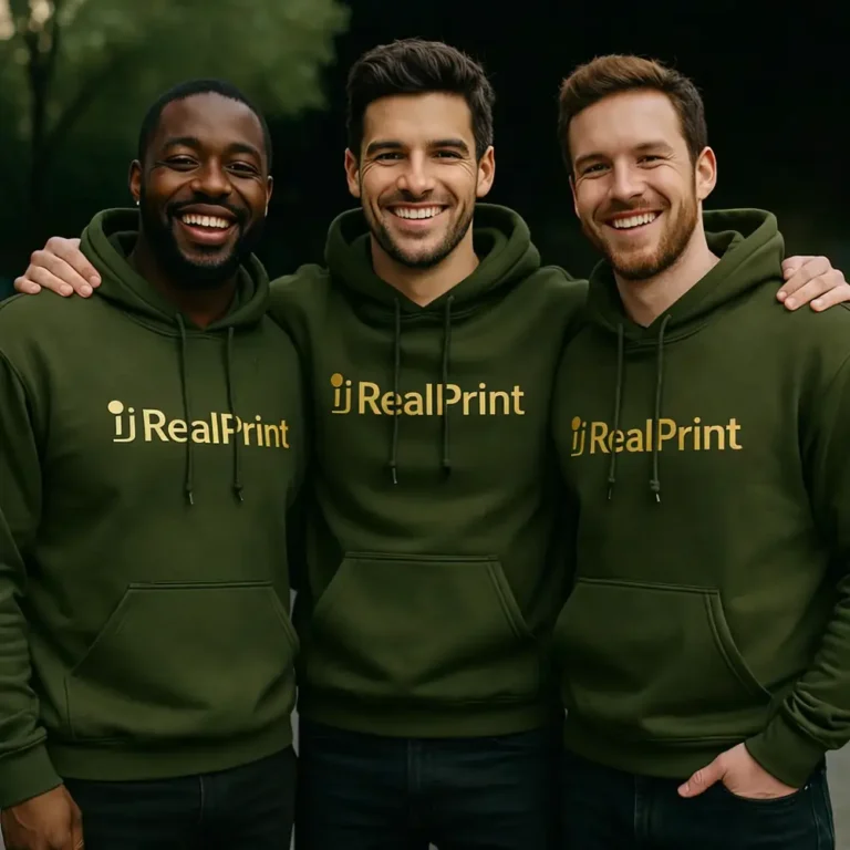 Grup de barbati purtand hanorace verde militar personalizate, imagine de echipa coerenta cu branding vizibil si stil profesionist