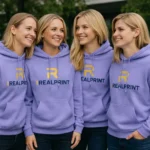 Grup de femei purtand hanorace violet personalizate, imagine de echipa cu stil creativ, coerent si vizibilitate ridicata