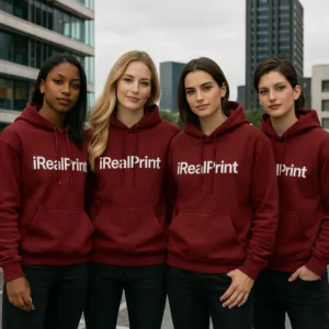 Grup de femei purtand hanorace visiniu garnet personalizate, imagine de echipa cu look coerent si stil profesionist