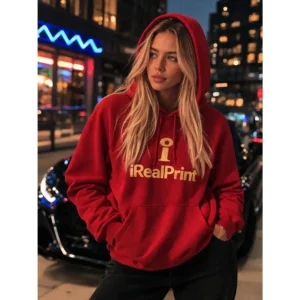 Hanorac dama rosu purtat in oras, stil streetwear modern cu vizibilitate ridicata si prezenta feminina puternica