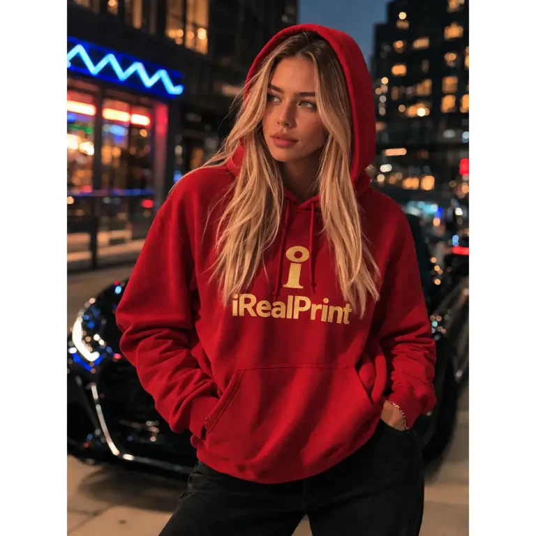 Hanorac dama rosu purtat in oras, stil streetwear modern cu vizibilitate ridicata si prezenta feminina puternica