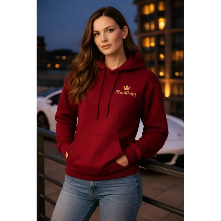 Hanorac dama rosu cherry purtat in oras seara, stil urban elegant cu vibe premium si prezenta feminina puternica
