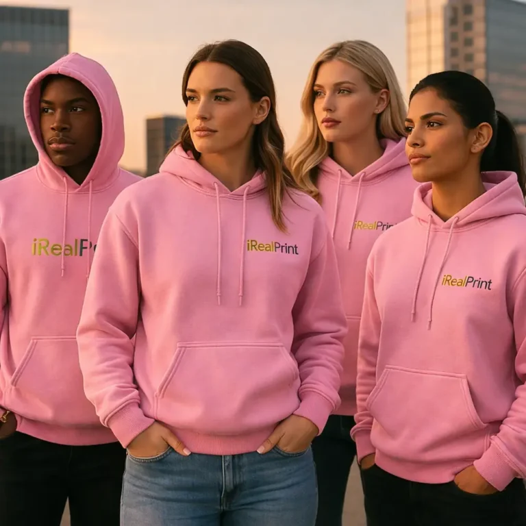 Grup de femei purtand hanorace roz azalea personalizate, imagine de echipa cu look coerent, modern si impact vizual echilibrat