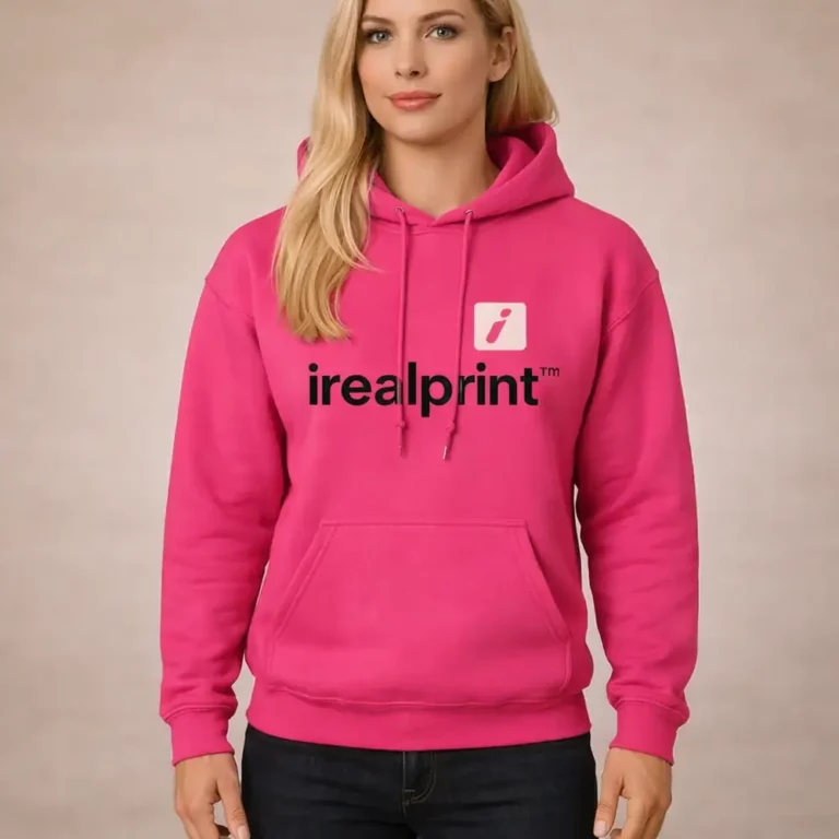 Hanorac dama roz heliconia personalizat cu logo iRealPrint pe fata, contrast puternic si vizibilitate maxima pentru branding