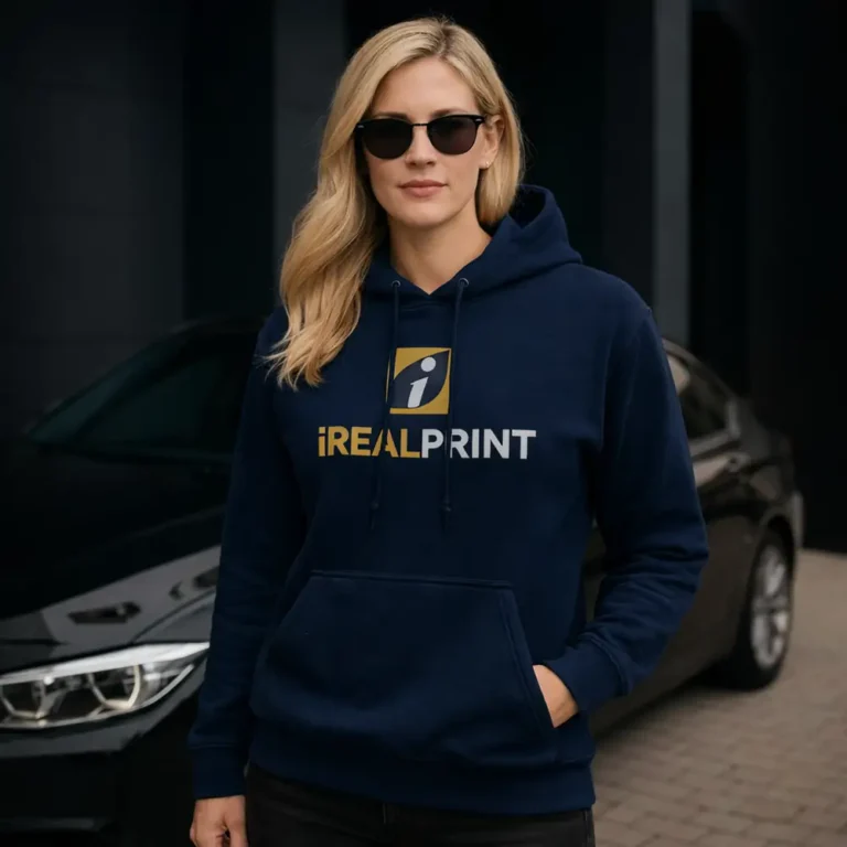 Hanorac navy personalizat dama cu logo iRealPrint, contrast elegant si vizibilitate clara in context urban premium