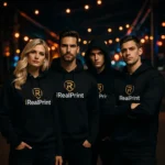 Grup de persoane purtand hanorace negre personalizate, imagine de echipa cu look coerent si impact vizual puternic