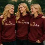 Grup de femei purtand hanorace maroon personalizate, imagine de echipa cu identitate vizuala coerenta si stil elegant