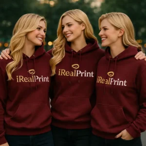 Grup de femei purtand hanorace maroon personalizate, imagine de echipa cu identitate vizuala coerenta si stil elegant