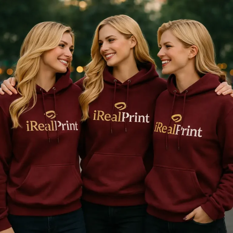 Grup de femei purtand hanorace maroon personalizate, imagine de echipa cu identitate vizuala coerenta si stil elegant