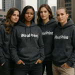 Grup de femei purtand hanorace dark heather personalizate, imagine de echipa cu coeziune vizuala si stil modern profesional