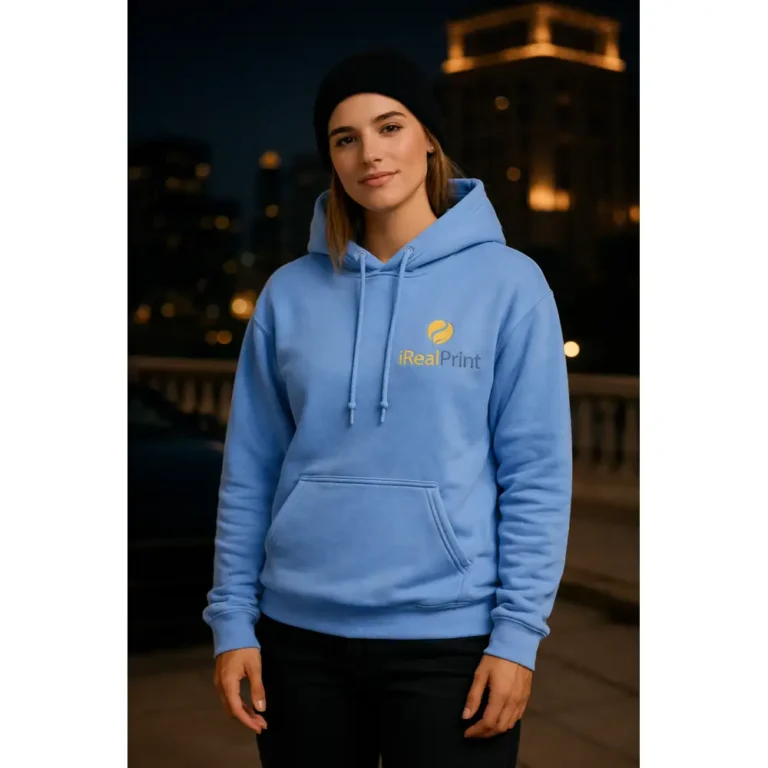 Hanorac damă albastru carolina într-un outfit casual fresh, look luminos și accesibil, potrivit pentru utilizare zilnică