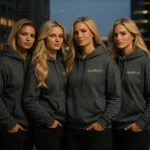 Grup de femei purtând hanorace gri charcoal personalizate, imagine coerentă de echipă și branding modern elegant