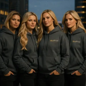 Grup de femei purtând hanorace gri charcoal personalizate, imagine coerentă de echipă și branding modern elegant