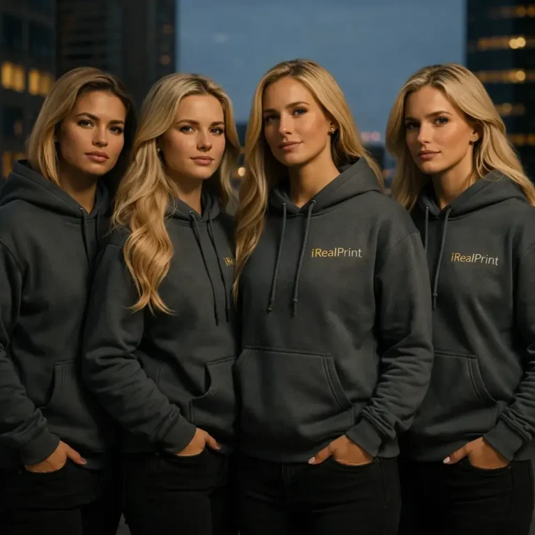 Grup de femei purtând hanorace gri charcoal personalizate, imagine coerentă de echipă și branding modern elegant