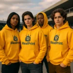 Grup de tineri purtând hanorace gold personalizate, imagine de echipă și vizibilitate ridicată pentru branding