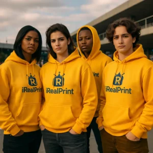 Grup de tineri purtând hanorace gold personalizate, imagine de echipă și vizibilitate ridicată pentru branding