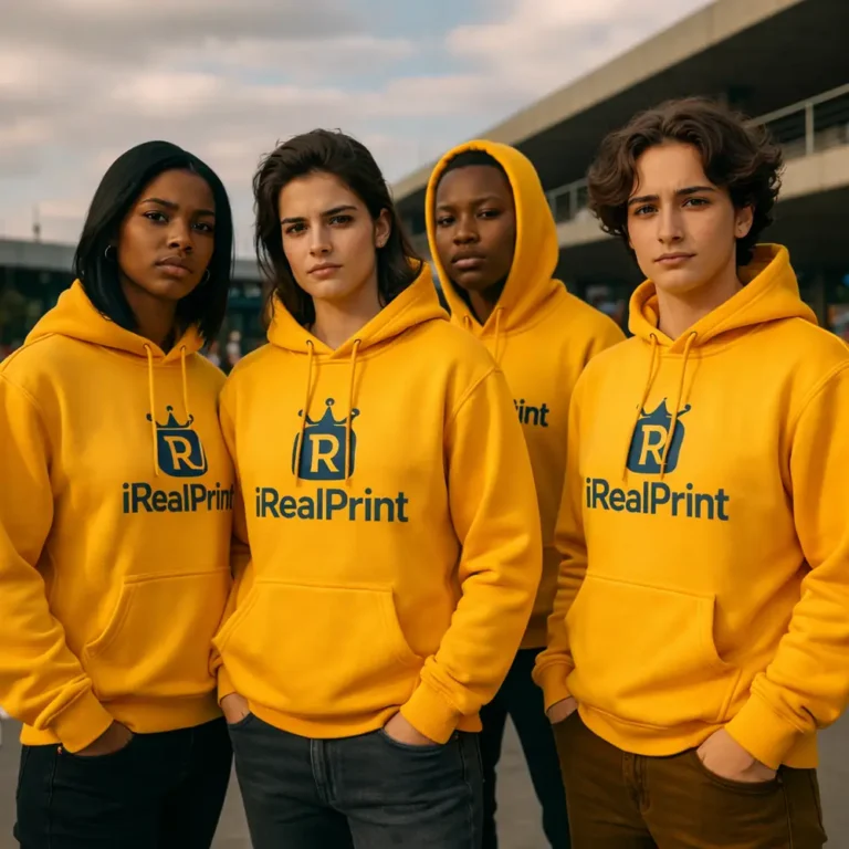 Grup de tineri purtând hanorace gold personalizate, imagine de echipă și vizibilitate ridicată pentru branding