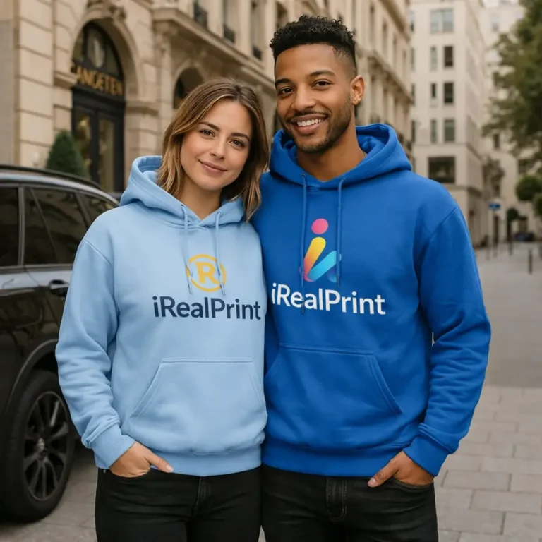 Cuplu în hanorace albastru regal personalizate, cadru urban modern și stil relaxat cu impact vizual clar