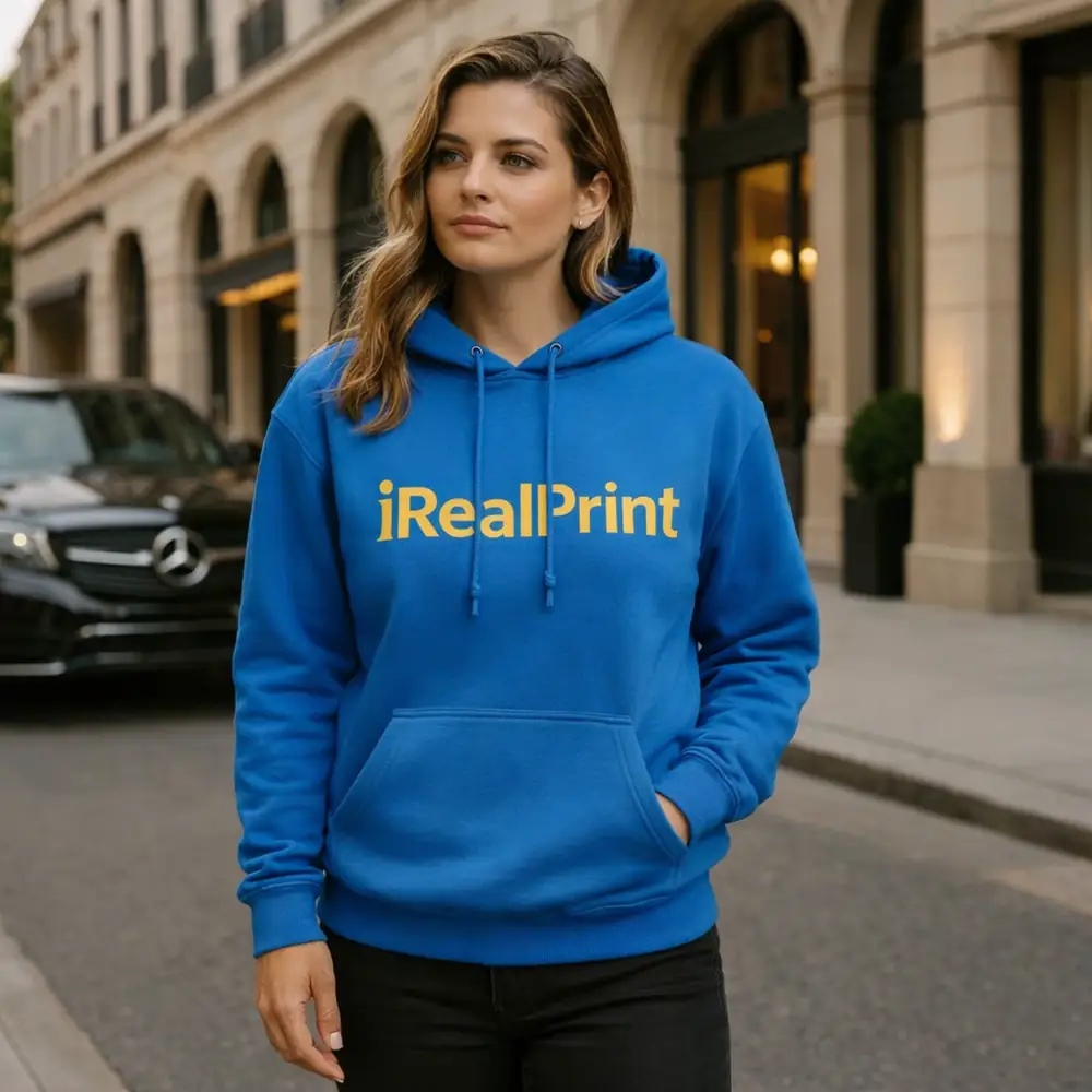 hanorac-personalizat-albastru-sapphire-outfit-modern-casual-elegant Model feminin în hanorac albastru sapphire, stil casual modern, evidențiind echilibrul dintre eleganță și vizibilitate