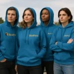 Grup de persoane purtând hanorace albastru sapphire personalizate, exprimând unitate și branding profesional