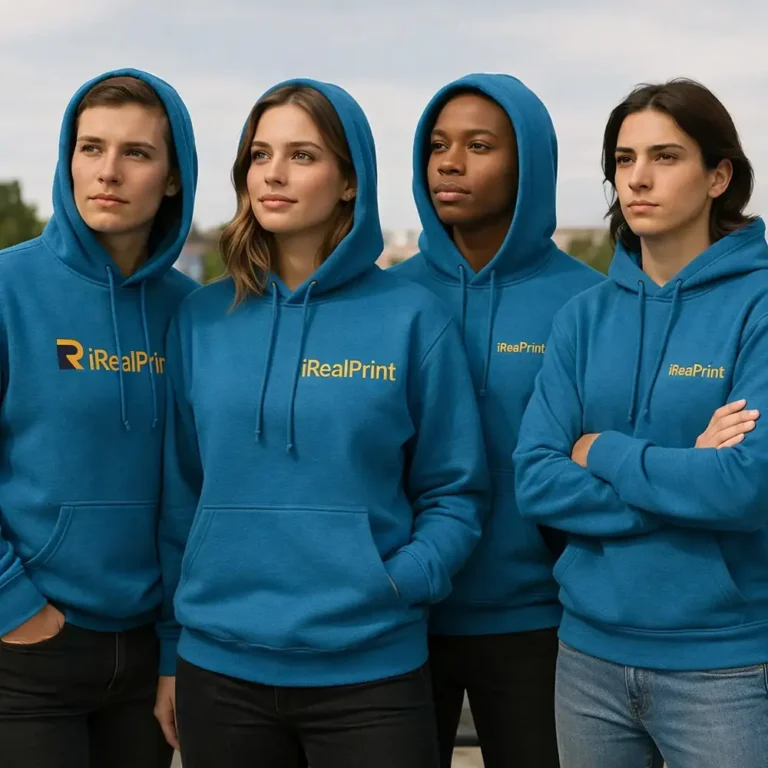 Grup de persoane purtând hanorace albastru sapphire personalizate, exprimând unitate și branding profesional