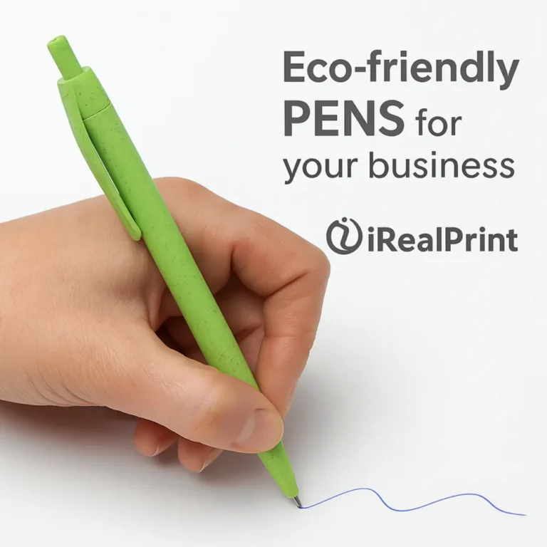 Pix eco din paie de grâu verde utilizat pentru scris, prezentare realistă a unui pix promoțional sustenabil folosit zilnic în mediul profesional.
