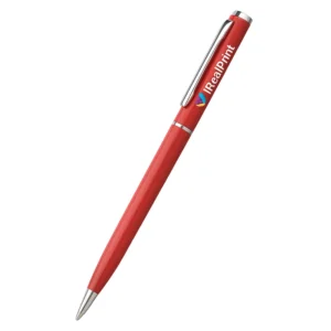 Prim-plan pix metalic aluminiu slim roșu personalizat cu logo, detaliu branding pe corpul pixului promoțional utilizat în campanii corporate