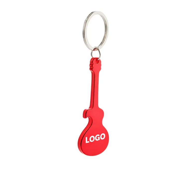 Breloc desfăcător de sticle chitară roșu cu logo personalizat, obiect promoțional din aluminiu potrivit pentru gravură laser sau print color