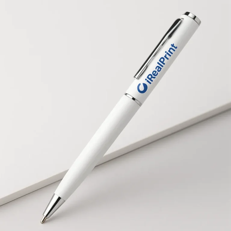 Prim-plan pix metalic slim alb personalizat cu logo, detaliu branding pe corpul pixului promoțional utilizat în mediul business