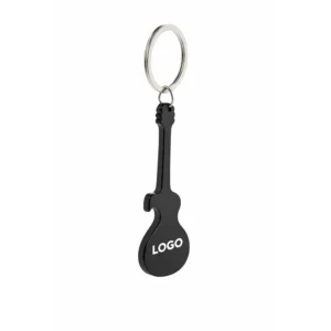 Breloc desfăcător de sticle chitară negru cu logo personalizat, accesoriu promoțional din aluminiu cu contrast puternic și vizibilitate maximă a brandingului
