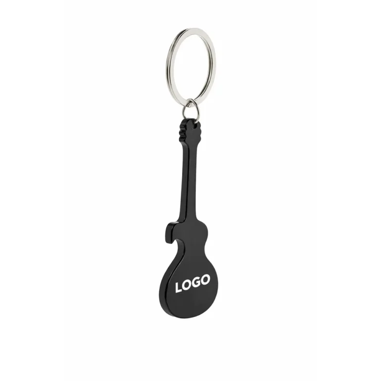 Breloc desfăcător de sticle chitară negru cu logo personalizat, accesoriu promoțional din aluminiu cu contrast puternic și vizibilitate maximă a brandingului