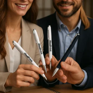 Pix metalic aluminiu personalizat Hello argintiu utilizat într-o întâlnire de echipă în mediul business, pix promoțional metalic personalizat cu logo pentru conferințe și branding corporate