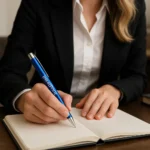 Pix metalic aluminiu personalizat Hello albastru folosit pentru scriere într-un notebook în cadrul activităților de birou, pix promoțional metalic elegant pentru branding profesional și utilizare constantă