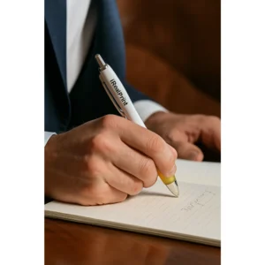 Pix plastic personalizat Elipse White cu accente negre folosit pentru scriere într-o agendă la birou, obiect promoțional utilizat în mediul business