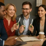 Detaliu personalizare logo pe pix promoțional Elipse White verde, corp alb cu accente verzi ideal pentru branding și obiecte promoționale corporate