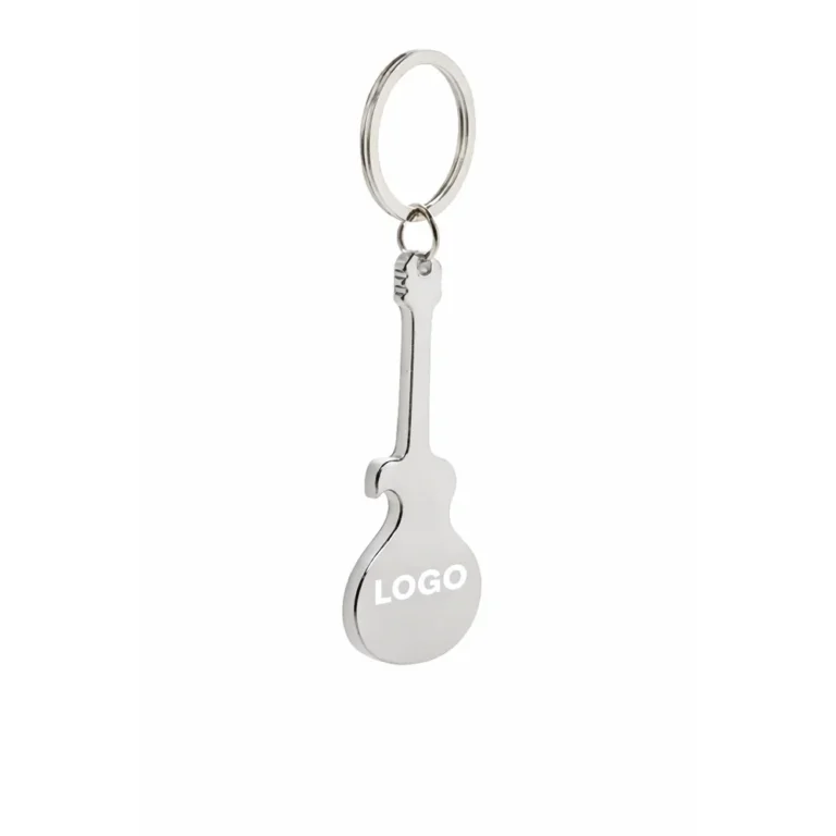 Breloc desfăcător de sticle chitară argintiu cu logo personalizat, suprafață metalică ideală pentru gravură laser și marcaj precis