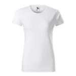Tricou damă personalizat alb prezentat frontal, croială feminină elegantă și suprafață ideală pentru personalizare cu text sau logo