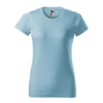 Tricou damă personalizat albastru deschis prezentat frontal pe fundal neutru, croială feminină și material bumbac confortabil ideal pentru personalizare