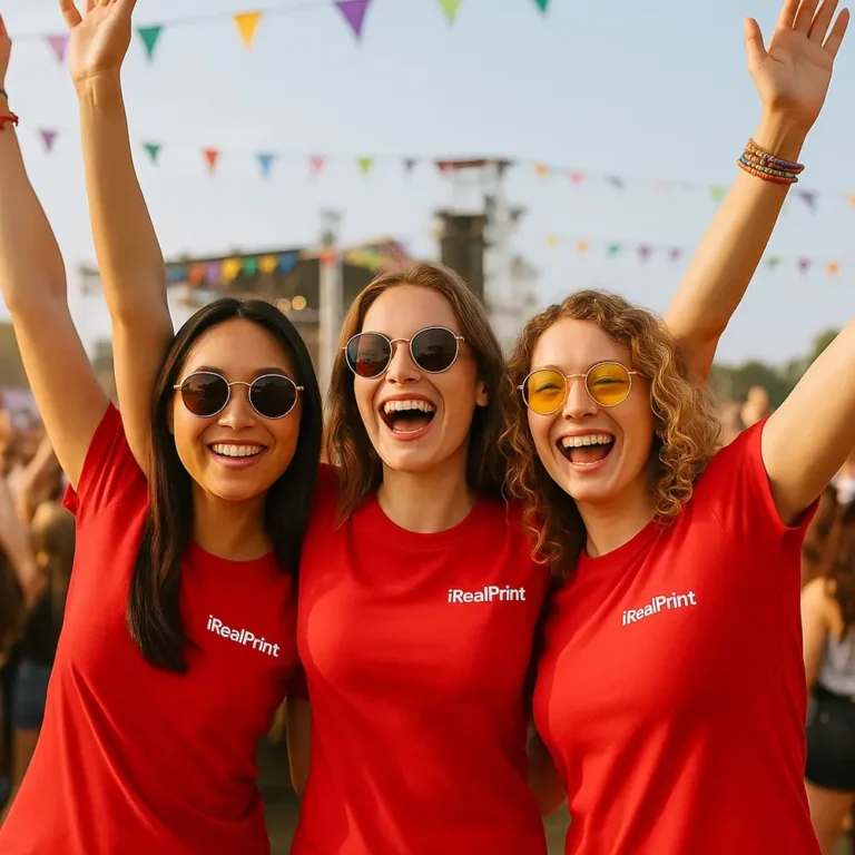 Grup de femei purtând tricouri damă personalizate roșii într-un cadru de festival în aer liber, exemplu de utilizare pentru evenimente