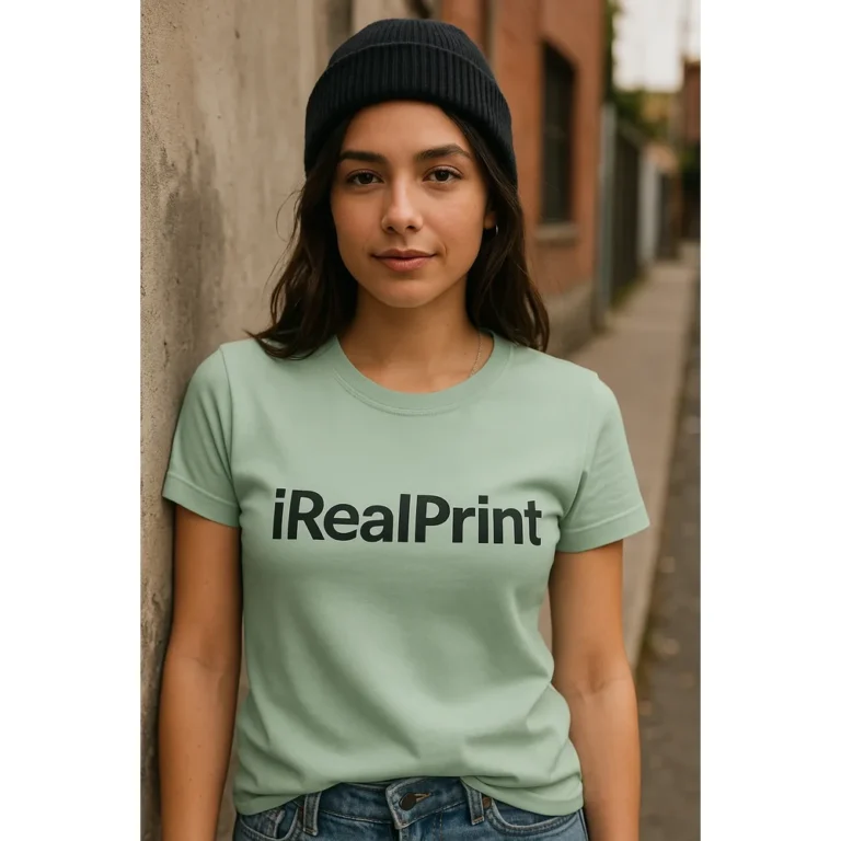 Tricou damă personalizat sage prezentat din perspectivă trei sferturi pentru evidențierea croielii feminine și a materialului