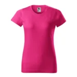 Tricou damă personalizat purpuriu prezentat frontal pe fundal neutru pentru evidențierea croielii feminine și a suprafeței de personalizare