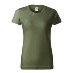 Tricou damă personalizat kaki prezentat frontal pe fundal neutru pentru evidențierea croielii feminine și a suprafeței de personalizare