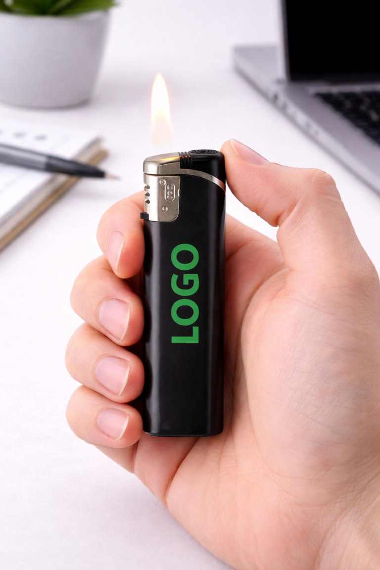 Brichetă slim neagră personalizată cu logo verde aprinsă și ținută în mână, imagine de utilizare reală pe birou modern, produs promoțional pentru expunere naturală a brandului.