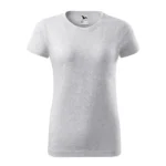 Tricou damă personalizat gri deschis prezentat frontal pe fundal neutru pentru evidențierea croielii feminine și a suprafeței de personalizare