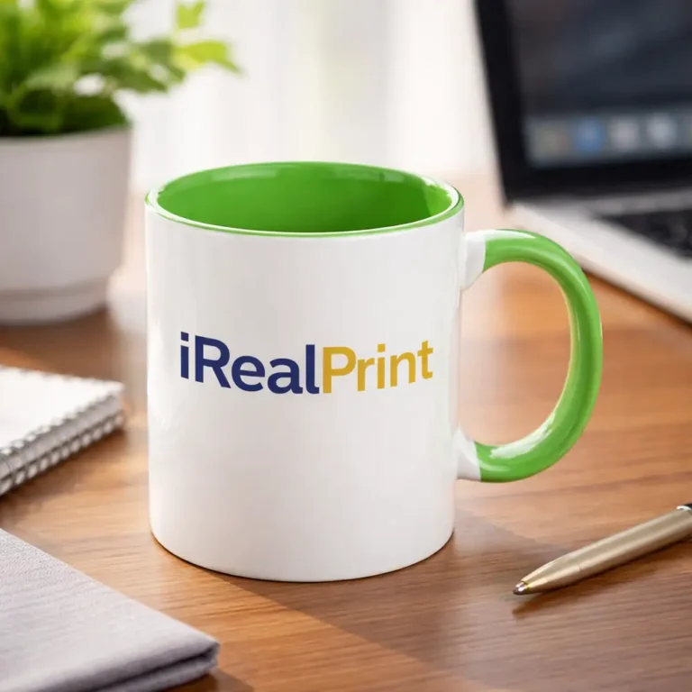 Cană personalizată cu interior verde lime și logo iRealPrint plasată pe birou într-un cadru de lucru modern, sugerând utilizarea zilnică în spații office