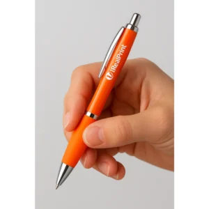 Pix plastic personalizat Elipse portocaliu cu logo aplicat pe corpul produsului, prim-plan pix promoțional pentru branding vizibil și obiecte promoționale personalizate