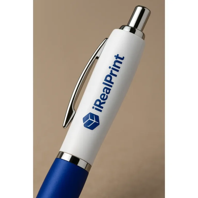 Detaliu personalizare logo pe pix promoțional Elipse White albastru, corp alb cu accente albastre ideal pentru branding și campanii corporate