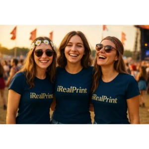 Grup de femei purtând tricouri damă personalizate albastru nocturn la festival în aer liber, exemplu de utilizare pentru echipe, evenimente și branding vizibil