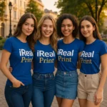 Spate tricou damă personalizat albastru regal cu croială feminină și material bumbac premium, suprafață pregătită pentru personalizare