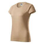 Tricou damă personalizat crem fotografiat din perspectivă laterală pentru evidențierea croielii feminine și a materialului din bumbac